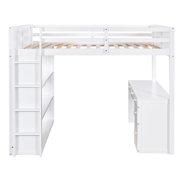 English Elm Full Size Loft Bed with Desk Shelves and Drawers Solid Pine Kids Study LT000348AAK