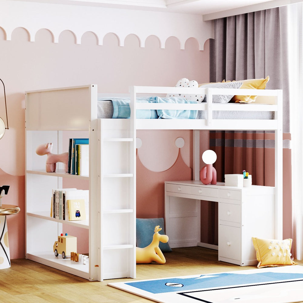 English Elm Full Size Loft Bed with Desk Shelves and Drawers Solid Pine Kids Study LT000348AAK