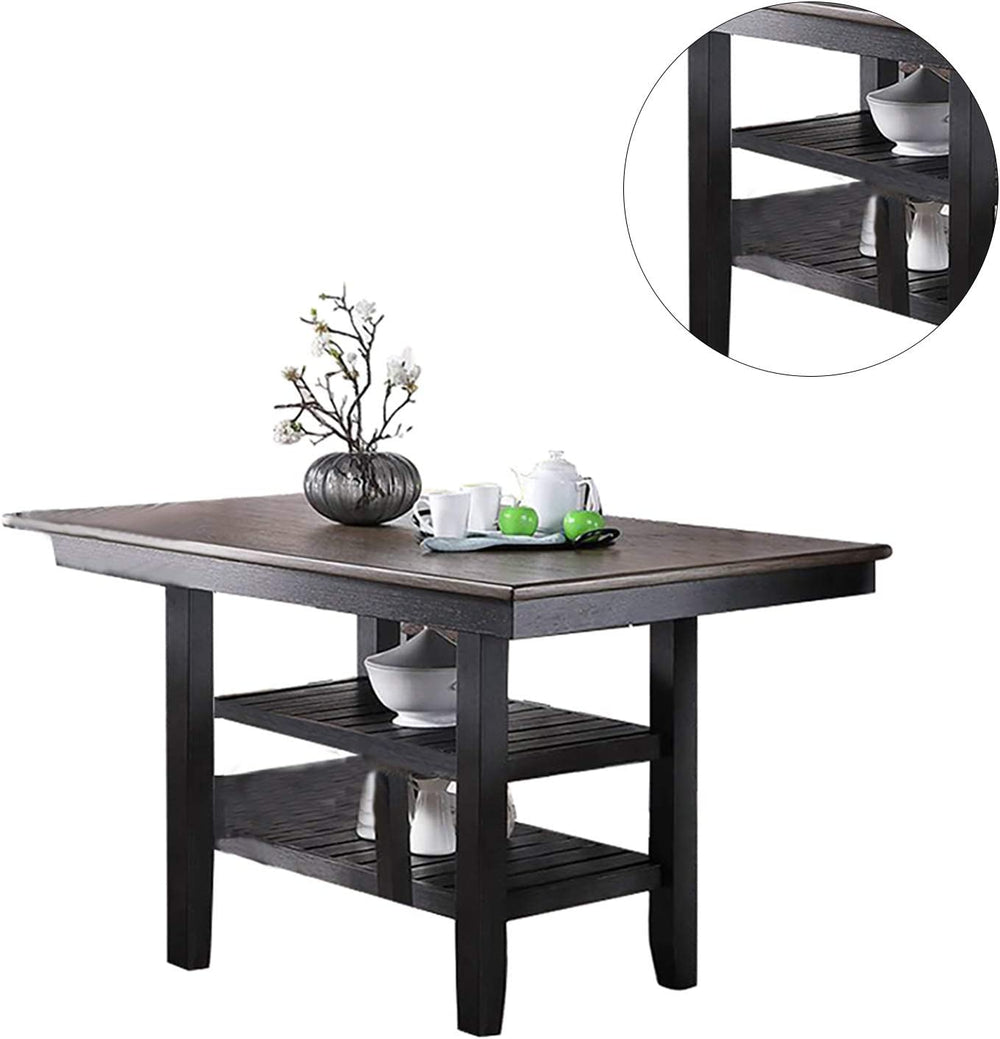 English Elm 1pc Counter Height Dining Table Dark Coffee Finish Rubberwood 64"x40"x36"H with 2 Storage Shelves for Kitchen Dining Room Gatherings B01183547