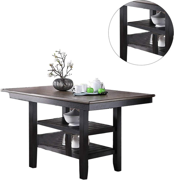 English Elm 1pc Counter Height Dining Table Dark Coffee Finish Rubberwood 64"x40"x36"H with 2 Storage Shelves for Kitchen Dining Room Gatherings B01183547