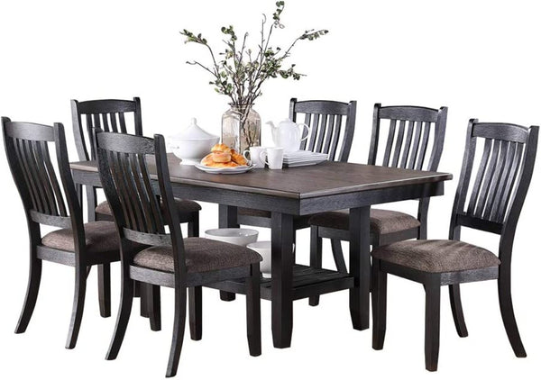 English Elm Transitional 7-Piece Dining Set - Dark Coffee Rubberwood Table With Shelf & 6 Stylish Upholstered Chairs B011S00302-GIGA