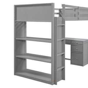 English Elm Twin Loft Bed with Built-in Desk Shelves and Drawers for Kids Teen Bedroom LT000347AAE
