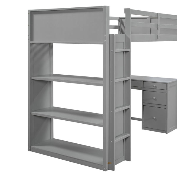 English Elm Twin Loft Bed with Built-in Desk Shelves and Drawers for Kids Teen Bedroom LT000347AAE