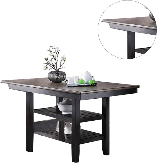 English Elm 1pc Counter Height Dining Table Dark Coffee Finish Rubberwood 64"x40"x36"H with 2 Storage Shelves for Kitchen Dining Room Gatherings B01183547