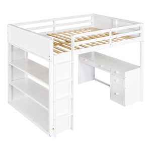 English Elm Full Size Loft Bed with Desk Shelves and Drawers Solid Pine Kids Study LT000348AAK
