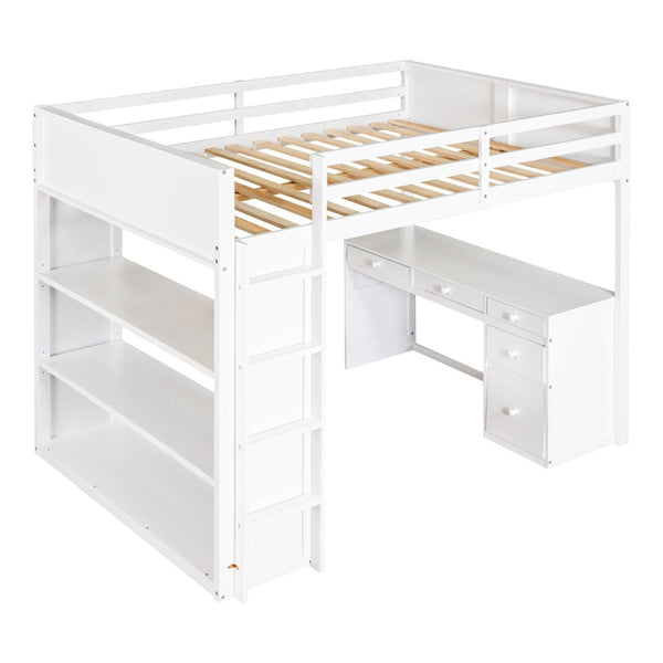 English Elm Full Size Loft Bed with Desk Shelves and Drawers Solid Pine Kids Study LT000348AAK