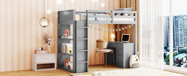English Elm Twin Loft Bed with Built-in Desk Shelves and Drawers for Kids Teen Bedroom LT000347AAE