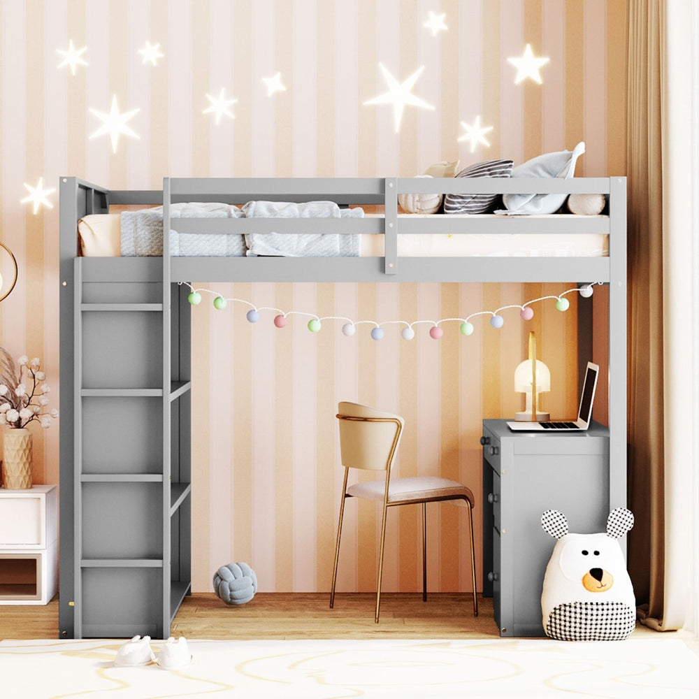 English Elm Twin Loft Bed with Built-in Desk Shelves and Drawers for Kids Teen Bedroom LT000347AAE