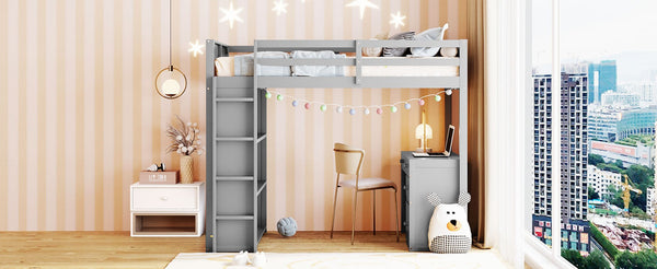 English Elm Twin Loft Bed with Built-in Desk Shelves and Drawers for Kids Teen Bedroom LT000347AAE