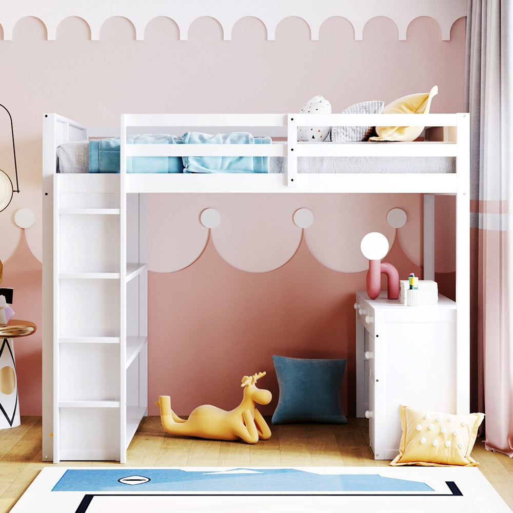 English Elm Full Size Loft Bed with Desk Shelves and Drawers Solid Pine Kids Study LT000348AAK