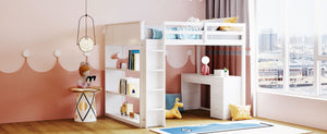 English Elm Full Size Loft Bed with Desk Shelves and Drawers Solid Pine Kids Study LT000348AAK