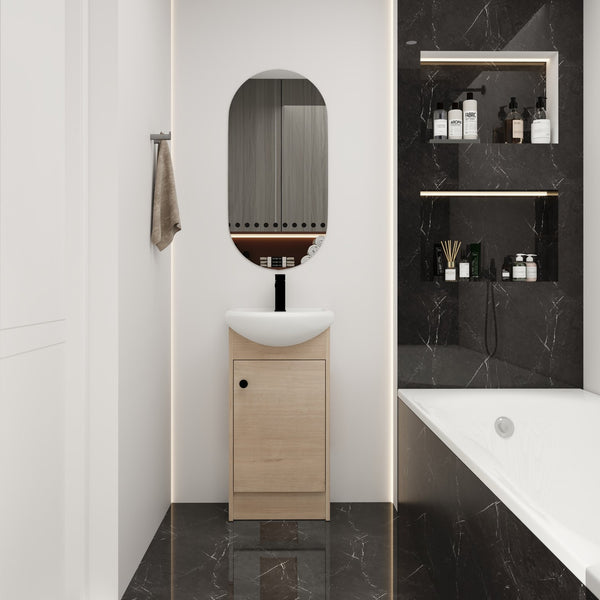 English Elm Freestanding 18 Inch Bathroom Vanity with Oval Ceramic Sink, Light Oak Plywood, Adjustable Shelf, Black Knobs (KD-PACKING) W999S00002