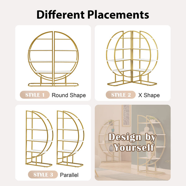 English Elm 4 Tier Round Open Bookshelf – Modern Gold & White MDF Shelves, Steel Frame, 300lb Capacity, Versatile Placement Options WF300940AAK