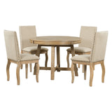 English Elm Trexm 5-Piece Farmhouse Dining Table Set Wood Round Extendable Dining Table and 4 Upholstered Dining Chairs (Natural Wood Wash)