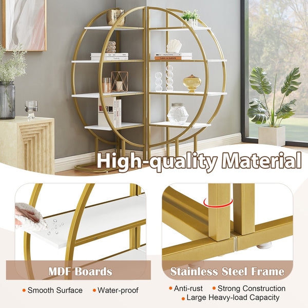 English Elm 4 Tier Round Open Bookshelf – Modern Gold & White MDF Shelves, Steel Frame, 300lb Capacity, Versatile Placement Options WF300940AAK