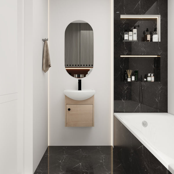 English Elm Small 18 Inch Floating Bathroom Vanity with Ceramic Sink, Soft-Close Doors, Water-Resistant Plywood Finish W99959248