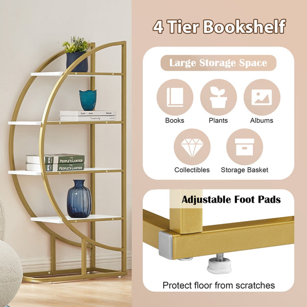 English Elm 4 Tier Round Open Bookshelf – Modern Gold & White MDF Shelves, Steel Frame, 300lb Capacity, Versatile Placement Options WF300940AAK