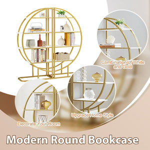 English Elm 4 Tier Round Open Bookshelf – Modern Gold & White MDF Shelves, Steel Frame, 300lb Capacity, Versatile Placement Options WF300940AAK