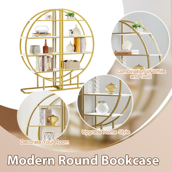English Elm 4 Tier Round Open Bookshelf – Modern Gold & White MDF Shelves, Steel Frame, 300lb Capacity, Versatile Placement Options WF300940AAK