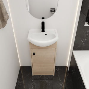 English Elm Freestanding 18 Inch Bathroom Vanity with Oval Ceramic Sink, Light Oak Plywood, Adjustable Shelf, Black Knobs (KD-PACKING) W999S00002