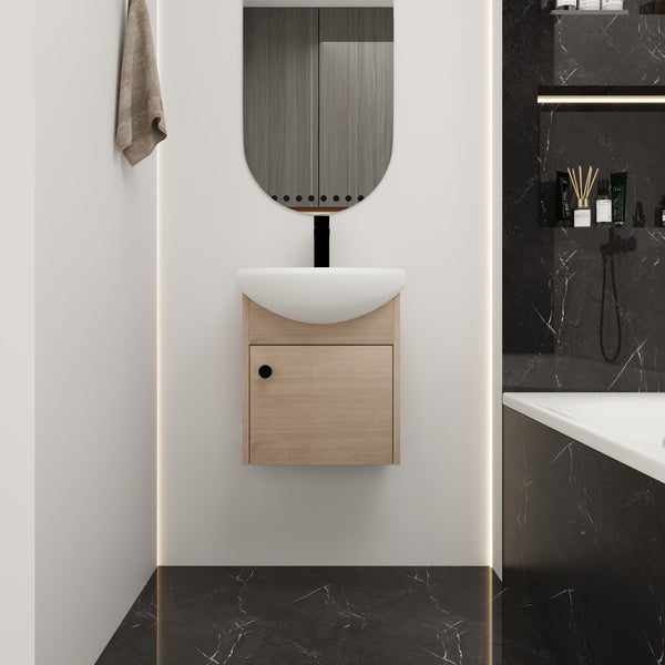 English Elm Small 18 Inch Floating Bathroom Vanity with Ceramic Sink, Soft-Close Doors, Water-Resistant Plywood Finish W99959248