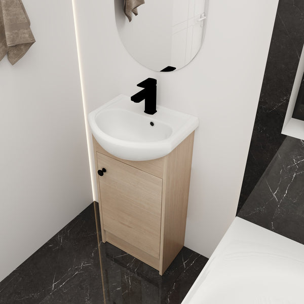 English Elm Freestanding 18 Inch Bathroom Vanity with Oval Ceramic Sink, Light Oak Plywood, Adjustable Shelf, Black Knobs (KD-PACKING) W999S00002
