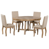 English Elm Trexm 5-Piece Farmhouse Dining Table Set Wood Round Extendable Dining Table and 4 Upholstered Dining Chairs (Natural Wood Wash)