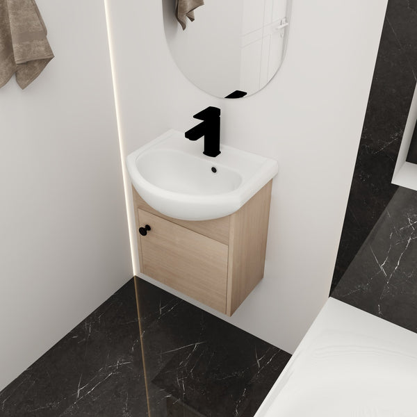 English Elm Small 18 Inch Floating Bathroom Vanity with Ceramic Sink, Soft-Close Doors, Water-Resistant Plywood Finish W99959248