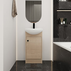 English Elm Freestanding 18 Inch Bathroom Vanity with Oval Ceramic Sink, Light Oak Plywood, Adjustable Shelf, Black Knobs (KD-PACKING) W999S00002