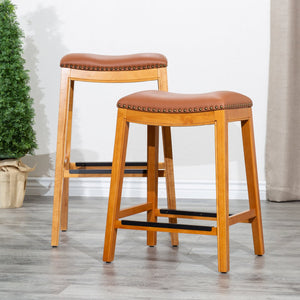 English Elm 30" Bar Stool Solid Hardwood Frame with Saddle Bonded Leather, Nailhead Trim & Metal Footplates B04660610
