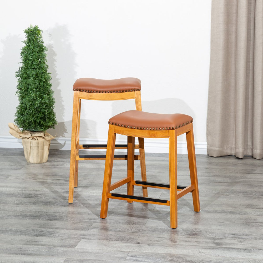 English Elm 30" Bar Stool Solid Hardwood Frame with Saddle Bonded Leather, Nailhead Trim & Metal Footplates B04660610