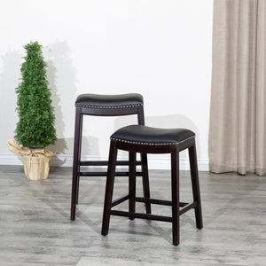 English Elm 24" Counter Stool Saddle Seat with Bonded Leather, Nailhead Trim, Metal Footplates & Solid Hardwood Frame Espresso B04660611