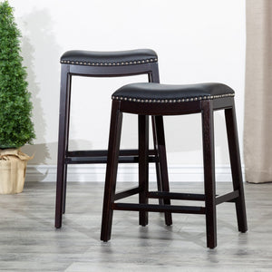 English Elm 24" Counter Stool Saddle Seat with Bonded Leather, Nailhead Trim, Metal Footplates & Solid Hardwood Frame Espresso B04660611