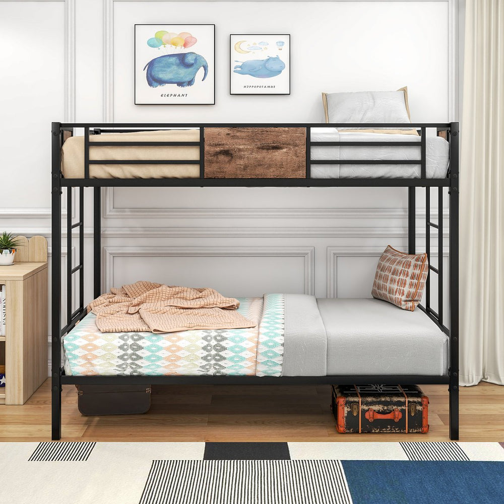 English Elm Twin Industrial Metal Bunk Bed Twin over Twin with Full-Length Guard Rails, Double Ladder, Vintage Brown W84083686