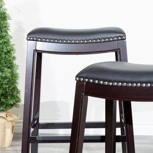 English Elm 24" Counter Stool Saddle Seat with Bonded Leather, Nailhead Trim, Metal Footplates & Solid Hardwood Frame Espresso B04660611