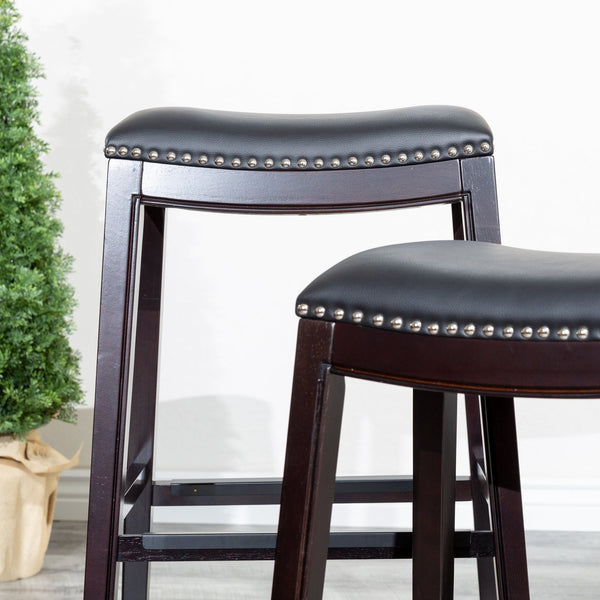 English Elm 24" Counter Stool Saddle Seat with Bonded Leather, Nailhead Trim, Metal Footplates & Solid Hardwood Frame Espresso B04660611