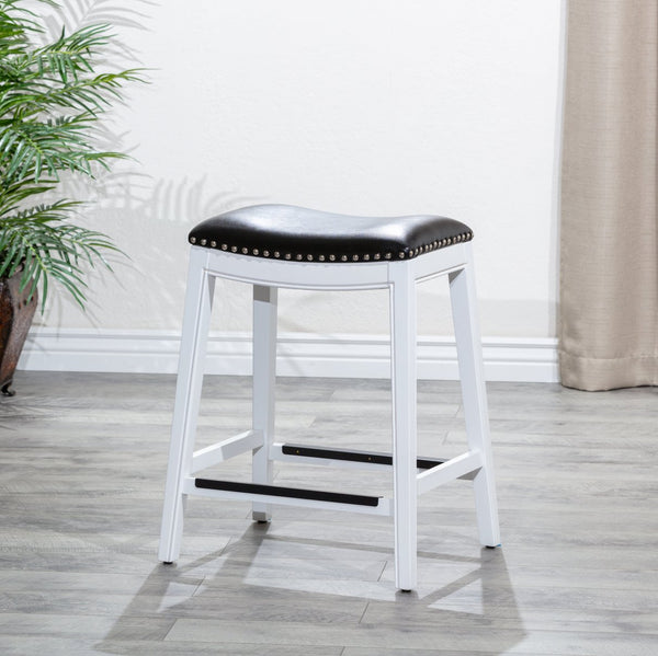 English Elm 24" Counter Stool Saddle Seat with Bonded Leather, Nailhead Trim, Metal Footplates & Solid Hardwood Frame White B04660613