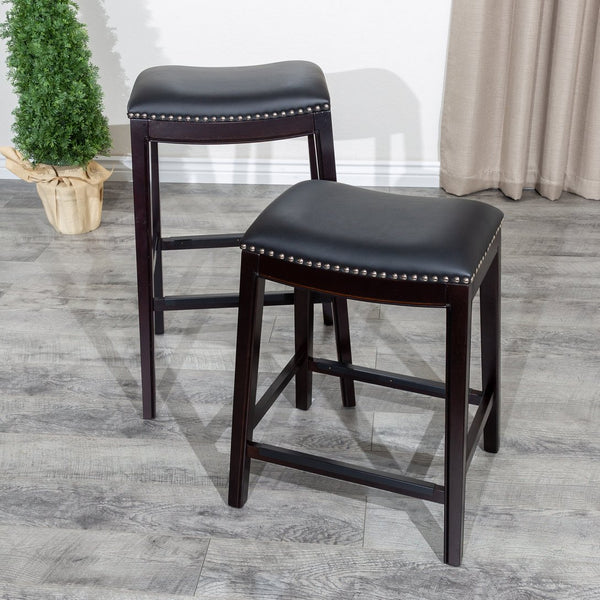 English Elm 24" Counter Stool Saddle Seat with Bonded Leather, Nailhead Trim, Metal Footplates & Solid Hardwood Frame Espresso B04660611