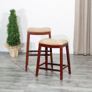 English Elm 30" Bar Stool Cherry Saddle, Bone Bonded Leather Seat with Nailhead Trim, Solid Hardwood Frame, Durable Footplates B04660608