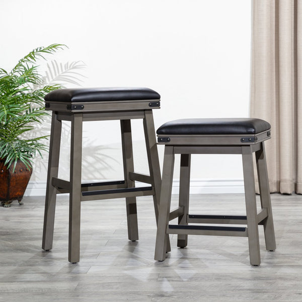 English Elm 24" Counter Stool Antique White with Black Bonded Leather Seat, Solid Hardwood Frame, Durable Design B04660622