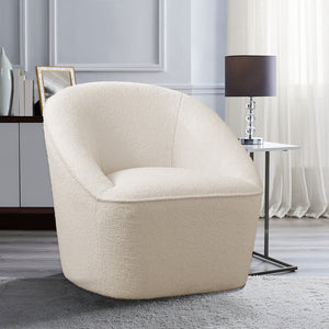English Elm Anson Boucle Swivel Chair - Off White Cozy 360° Modern Compact Accent Chair with Solid Wood Frame B05081532