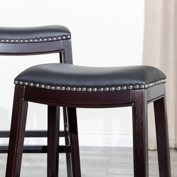 English Elm 24" Counter Stool Saddle Seat with Bonded Leather, Nailhead Trim, Metal Footplates & Solid Hardwood Frame Espresso B04660611