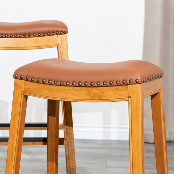 English Elm 24" Counter Stool Saddle Leather Seat — Solid Hardwood Frame, Nailhead Trim, Metal Footplates, Durable Finish B04660609