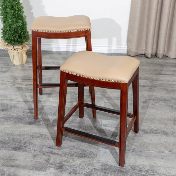 English Elm 30" Bar Stool Cherry Saddle, Bone Bonded Leather Seat with Nailhead Trim, Solid Hardwood Frame, Durable Footplates B04660608