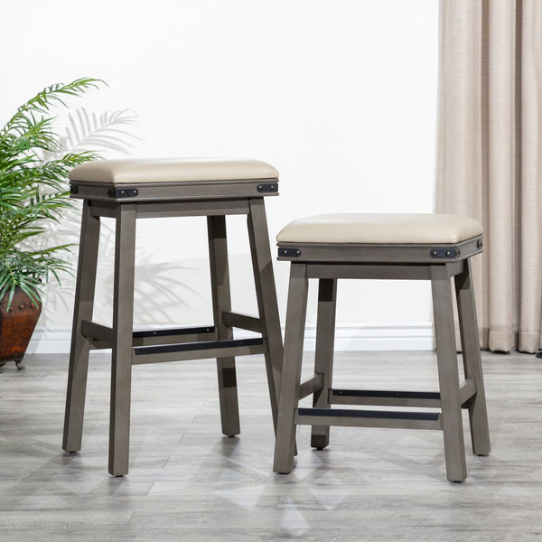 English Elm 24" Counter Stool Weathered Gray with French Gray Bonded Leather Seat, Hardwood Frame & Metal Accents B04660631