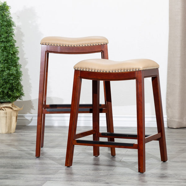 English Elm 30" Bar Stool Cherry Saddle, Bone Bonded Leather Seat with Nailhead Trim, Solid Hardwood Frame, Durable Footplates B04660608