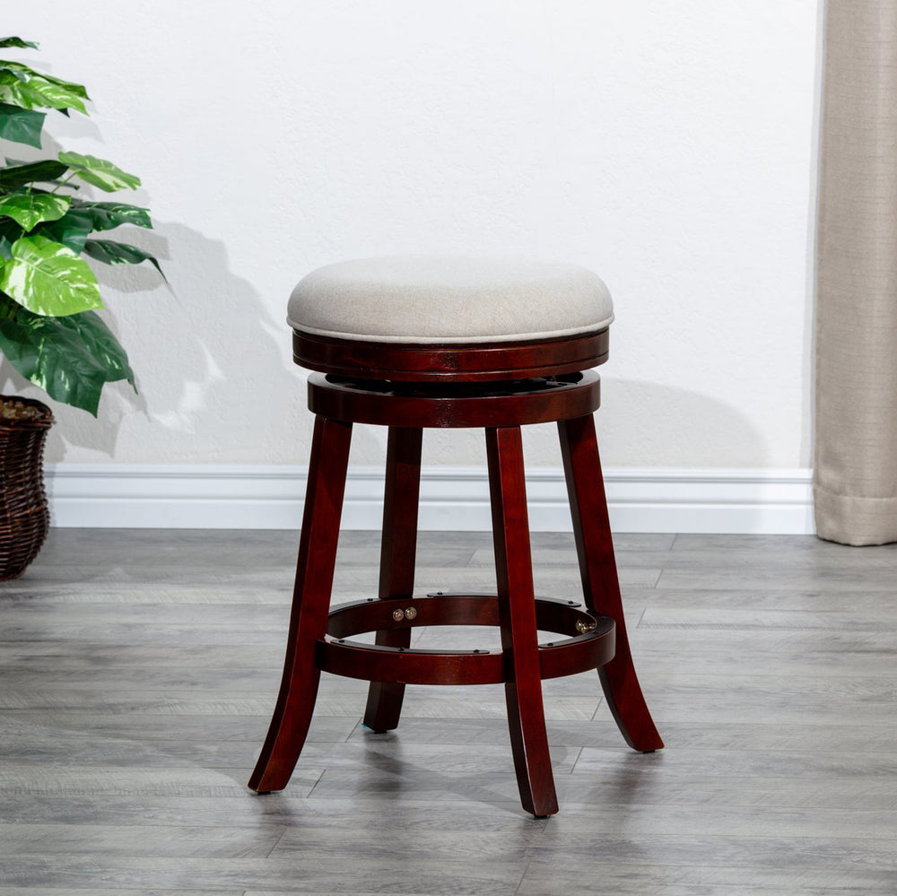 English Elm 24" Counter Swivel Stool Cherry Finish with Beige Padded Seat, Solid Hardwood Frame, 300 lb Capacity B04660662