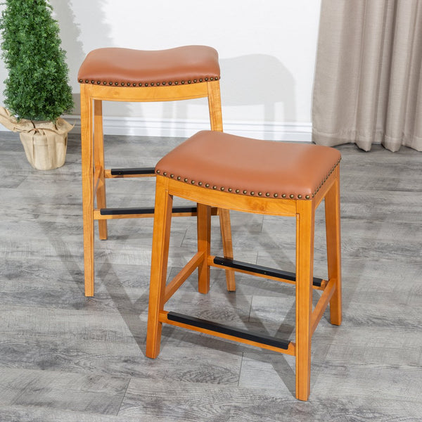 English Elm 24" Counter Stool Saddle Leather Seat — Solid Hardwood Frame, Nailhead Trim, Metal Footplates, Durable Finish B04660609