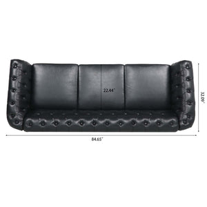 English Elm 84.65" Chesterfield Three Seater Sofa Pu Leather Tufted Rolled Arm Living Room Black W68035340