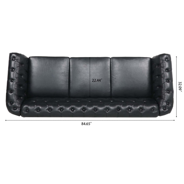 English Elm 84.65" Chesterfield Three Seater Sofa Pu Leather Tufted Rolled Arm Living Room Black W68035340